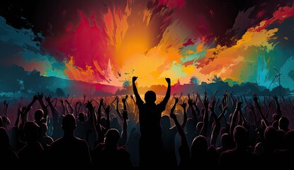 Fototapeta na wymiar Tłum ludzi na koncercie z kolorowymi światłami wychodzącymi ze sceny muzycznej. 