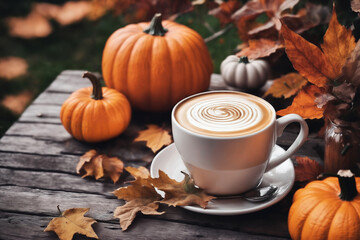 still life of a cup of hot latte and pumpkins on an old wooden table against the background of beautiful autumn nature at sunset, decoration for Halloween