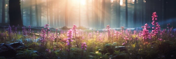 Fototapeta premium Panoramic view of wild flower field in foggy forest at sunrise with variable colors in Spring. Spring seasonal concept.
