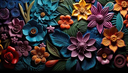 Florystyczna tekstura złożona z kwiatów i liści.  - obrazy, fototapety, plakaty