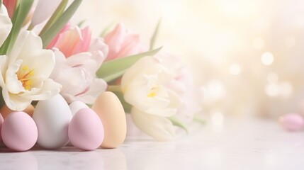 Light Easter background; Easter eggs and sprig flowers. Greetings and presents for Easter Day with space for inscription.