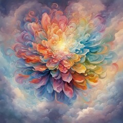 delicate beautiful flower, surrounded by clouds and rainbows, abstract, surreal, dreamlike, stylized of painting style, detailed, high resolution, otherwordly, fantastic
