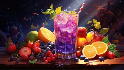 Kolorowy drink otoczony wieloma owocami