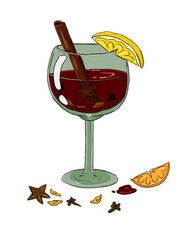 illustration of mulled wine with cinnamon and orange.