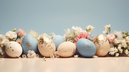 Easter poster and banner template with Easter eggs on light pastel background. Greetings and presents for Easter Day. Promotion and shopping template for Easter.
