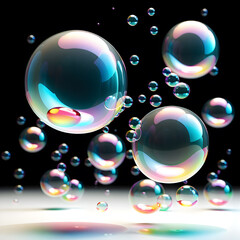 3d render of soap bubbles isolated on black background. ai generative