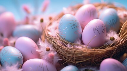 Easter background. Banner with blue and pink Easter eggs in the nest with pink flower