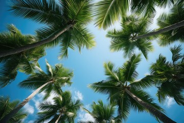 Beautiful overhead palm tree leaves pattern and blue sky. Summer tropical vacation concept.