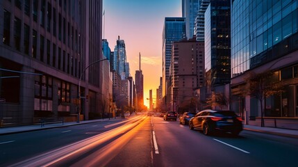 Sunset in Chicago, Illinois, USA. Traffic on the street.
