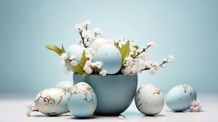 Easter background with delicate pastel eggs, spring flowers on a soft blue background.