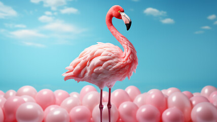 Pink flamingo on a background of pink balloons. 3d rendering