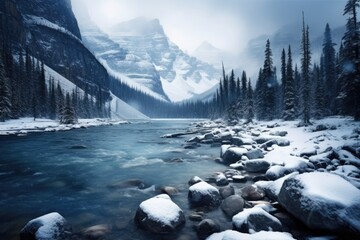 Beautiful lake with foggy Winter forest covered by heavy snow and ice. Winter seasonal concept.