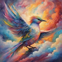 beautiful bird, surrounded by clouds and rainbows, abstract, surreal, dreamlike, stylized of painting style, detailed, high resolution, otherwordly, fantastic