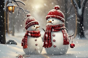 Fototapeta premium Christmas background with pair of snowman