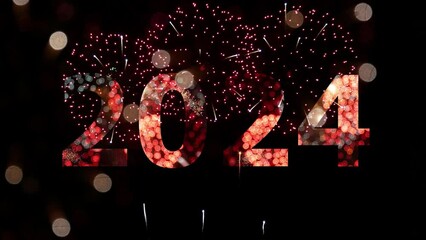 4K. loop seamless of firework of year 2024 greeting during new year eve countdown celebration, real illuminate fireworks festival in the sky display at night with colorful - Powered by Adobe