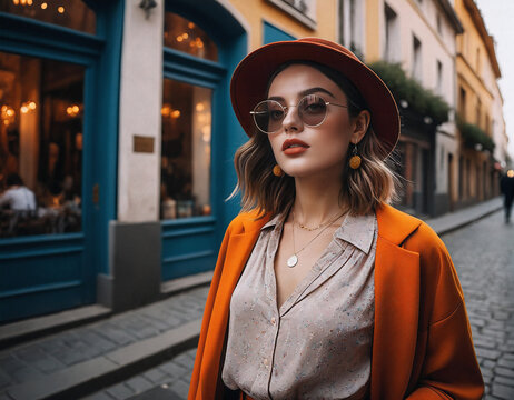 a girl in casual fashionable clothes, glasses and a hat walks along the streets of the old city. Generated AI