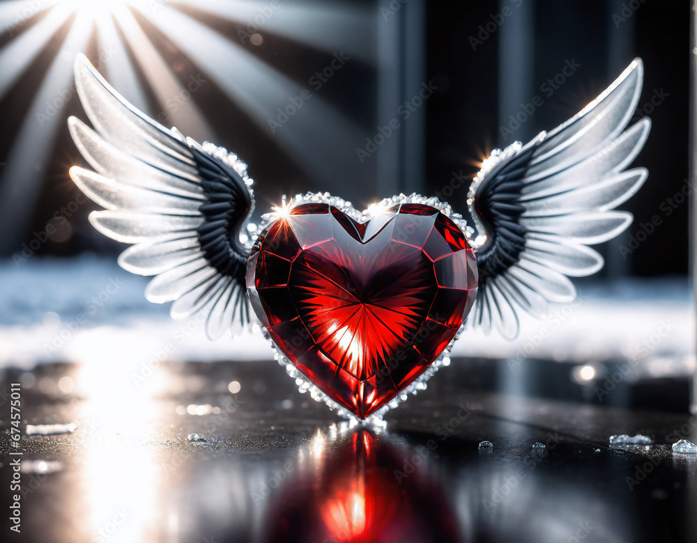 Poster fiery red heart with a pattern with wings around it. generated ai