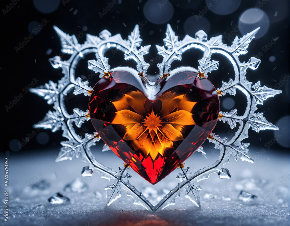 Poster fiery red heart with pattern in ice frame with blurred dark background. generated ai