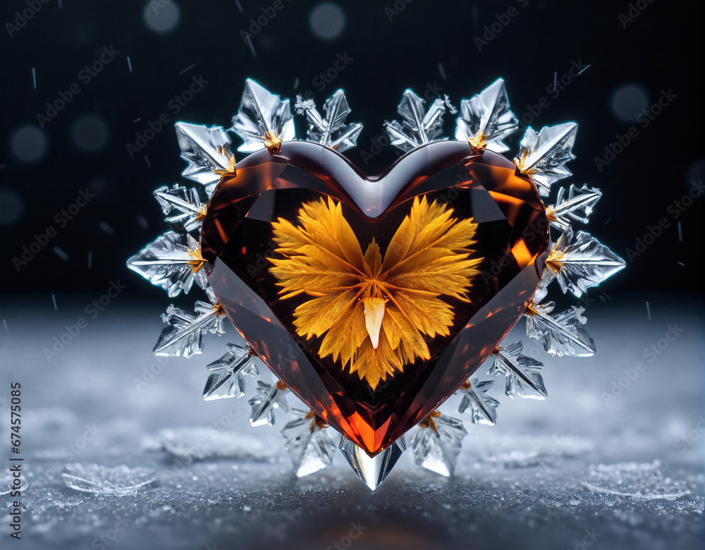 Poster fiery red heart with pattern in ice frame with blurred dark background. generated ai