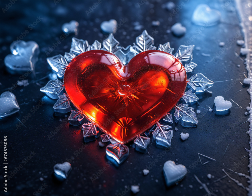 Aufkleber fiery red heart with pattern in ice frame with blurred dark background. generated ai