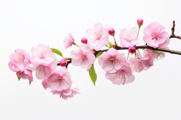 Naklejka na ściany i meble Isolated image of close-up view of pink cherry blossom flower branch on white background in Spring. Spring seasonal concept.
