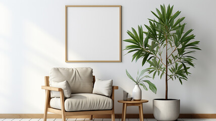 Interior of modern living room with white walls, concrete floor, comfortable beige armchair and plant in pot. Mock up poster frame. 3d rendering