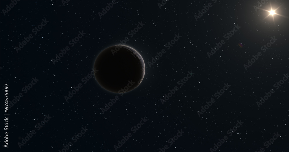 Poster abstract realistic space spinning planet round sphere with a relief stone surface in space against t
