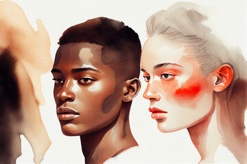 Watercolour of a young diverse interracial adult couple in love which could be used as a romantic greeting card on Valentine's Day or Christmas, Generative AI stock illustration image