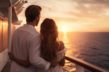 A young couple watch beautiful sunset on cruise ship. Summer tropical vacation concept. - obrazy, fototapety, plakaty