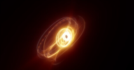 Abstract yellow rings spheres from energy magic waves of smoke circles and glowing lines on a black background