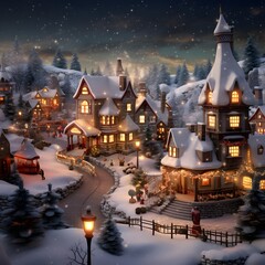 Winter village in the snow. Christmas background with a small village.