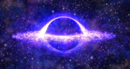 Bright black hole in open space with spinning energy particles, cosmic sphere in blue and purple color glowing abstract background