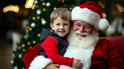 Fototapeta na wymiar A boy hugging Santa Claus