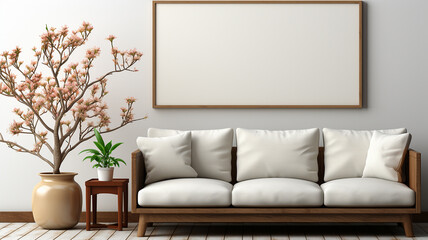 Interior of living room with white sofa, coffee table and flowers. 3d render