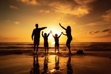 Fototapeta premium Silhouette of a happy family play on beach at sunset in Summer.