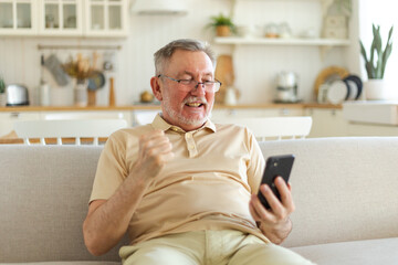 Middle aged senior man euphoric winner with smartphone. Older mature grandfather looking at cell...