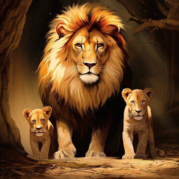 D Picture of one lion in the middle and 2 Child lions