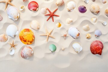 Close-up view of colorful shells on sand beach. Summer tropical vacation concept.