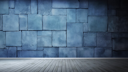 Pared de piedra azul con textura con suelo de madera - obrazy, fototapety, plakaty