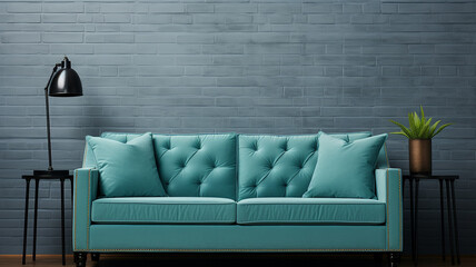 Blue sofa with pillows in front of brick wall. 3d render