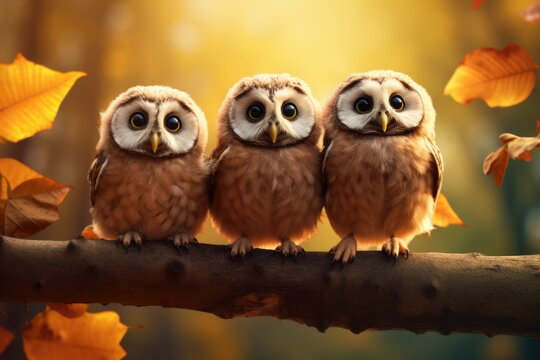 Three lovely cute owl stand together on tree in Autumn with beautiful foliage.