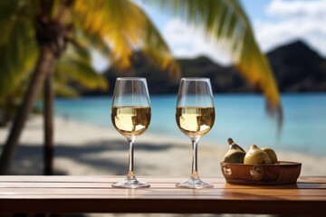 Wine glasses in luxury resort with beautiful seascape on beach. Summer tropical vacation concept.