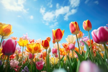 Obraz premium Beautiful tulip with variable colors in field and blue sky in Spring. Spring seasonal concept.