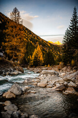 Beautiful alpine autumn scene of a stream and larch trees