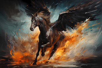 Abstract painting of a black beauty Pegasus escaping out of fire - obrazy, fototapety, plakaty