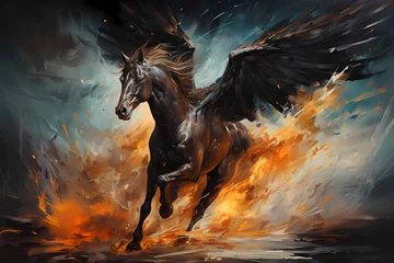 Fotobehang Abstract painting of a black beauty Pegasus escaping out of fire © Varma
