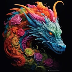 bright multi-colored dragon decorated with flowers on a black background, symbol of the 2024 new year