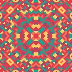 Vector seamless pattern of simple geometric shapes. Repeating endless ornament of squares, rhombuses and triangles. Colorful abstract background, wallpaper. Image with kaleidoscope effect, tiles
