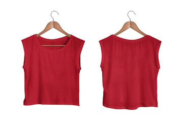 Women's Red Sleeveless Crop Top Front and Back View on Wooden Hanger