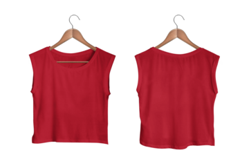 Women's Red Sleeveless Crop Top Front and Back View on Wooden Hanger